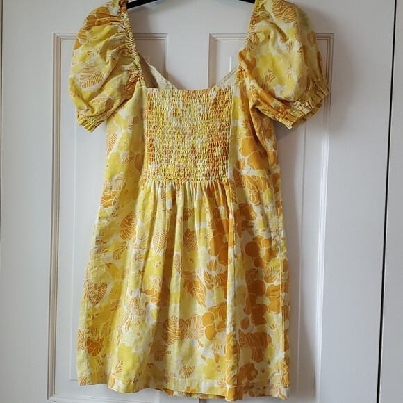 NWOT URBAN OUTFITTERS FLORAL PUFF SLEEVE BUSTIER DRESS YELLOW GOLD DEMURE - Picture 4 of 13